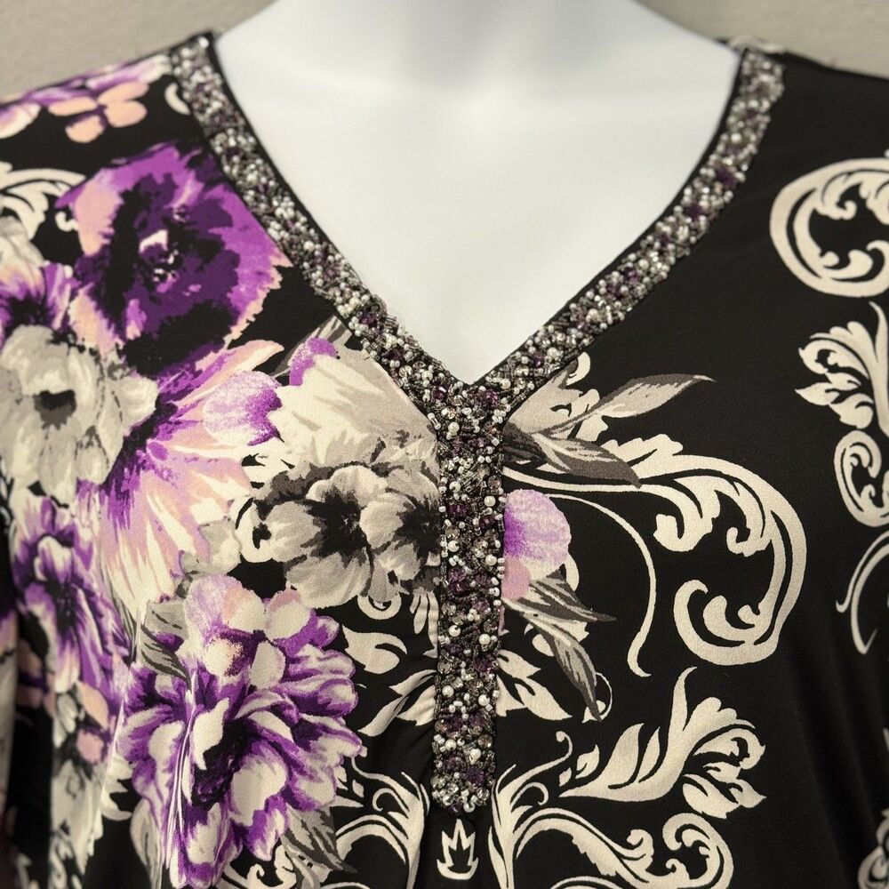 JM Collection Womens XL Top Black Purple Floral Embellished V-Neck Tunic Blouse